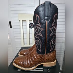 Horse Power Cigar Pull Up Black & Tan Caiman Leather Boots HP8082 Men's Size 9.5